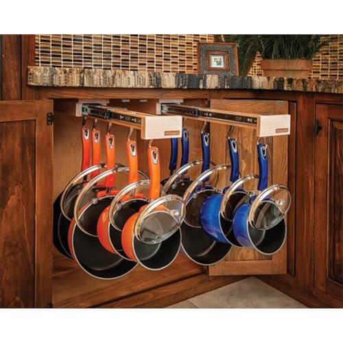 Rev-A-Shelf 22" Pullout Kitchen Cabinet Pantry Organizer with 7 Hanging Hooks with Ball Bearing Slide System, Maple Wood, GLD-W22-SC-7