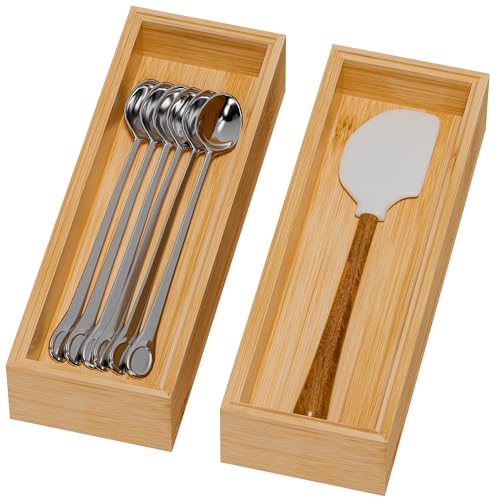 Lixple Bamboo Drawer Organizer for Kitchen Utensils, 2 Pack Stackable Cutlery Trays, Fits 1/2" Knives and Silverware, 10" x 3.5" x 2" (Outer), 9.3" x 2.8" x 1.3" (Inner) - color: Yellow, size: 10 x 3.5 x 2 Inch