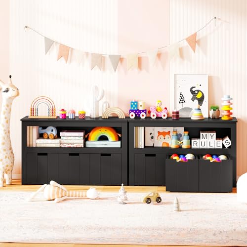 GLACER Toy Storage Organizer, Wooden Montessori Shelf with 3 Movable Drawers, Hidden Wheels, Toy Box for Boys and Girls, Kids Storage Organizer for Playroom, Nursery, Kindergarten, Living Room (Black) - color: Black