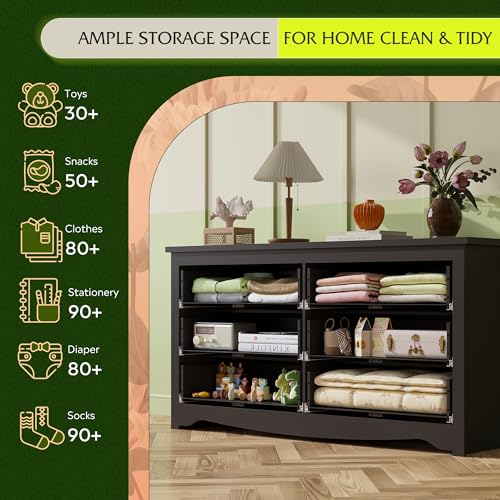 WLIVE Black Wooden Dresser for Bedroom, 6 Drawers Chest of Drawers, 59" Wide Modern Dresser Closet Storage Organizer for Living Room Hallway - color: Black, size: 6 Drawers