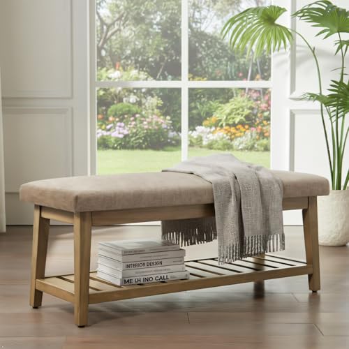 Zihanhome Entryway Shoe Bench with Cushion, End of Bed Bench,Upholstered Bench for Kitchen, Bench with Solid Wood Shelf, Fabric Ottoman Bench for Hallway, Living Room (Brown) - color: Brown