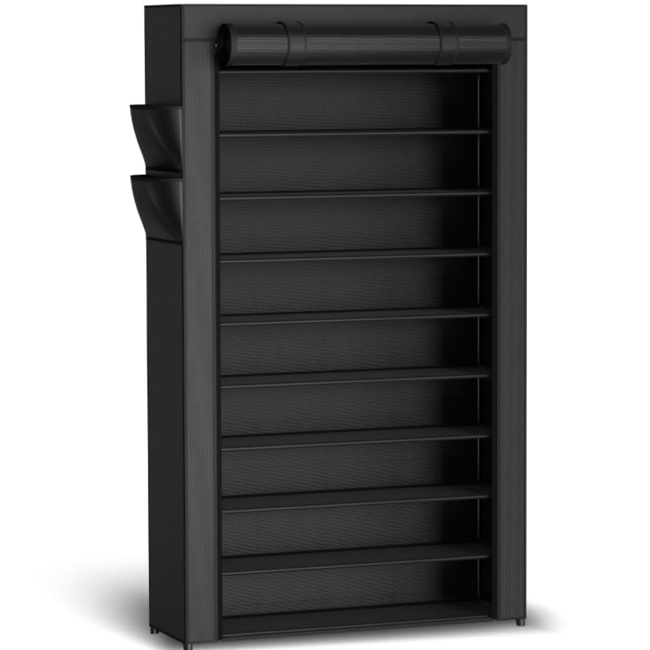Kitsure Shoe Rack - 10-Tier Large Capacity Shoe Organizer Shelf with Dust Cover & Side Pockets, Rust-Proof Metal Shoe Rack for Closet, Entrance, Living Room, 33.6" x 12.4" x 69.3", Black - color: Black, size: 33.6" x 12.4" x 69.3"