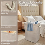 Collapsible Linen Look Fabric large Storage & Laundry Hamper with Drawstring - Durable Laundry Basket Laundry Bag Foldable Space Saving Basket Toy Basket, Dust Proof & Stackable, Beige