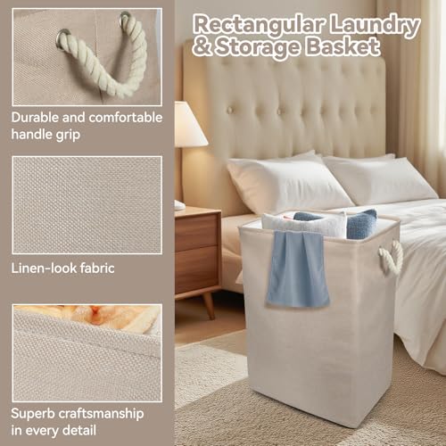 Collapsible Linen Look Fabric large Storage & Laundry Hamper with Drawstring - Durable Laundry Basket Laundry Bag Foldable Space Saving Basket Toy Basket, Dust Proof & Stackable, Beige