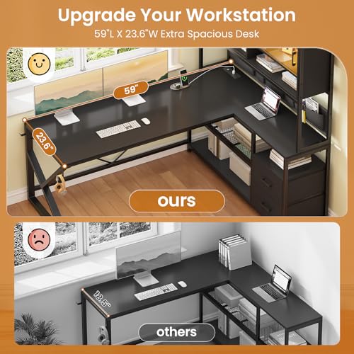 SEDETA L Shaped Gaming Desk, Home Office Computer Desk with 2 Drawer and Bookshelf, L Shaped Gaming Desk with LED Light, Glass Cabinet and Storage Bag, Corner Desk with Storage Shelves, Black - color: Black