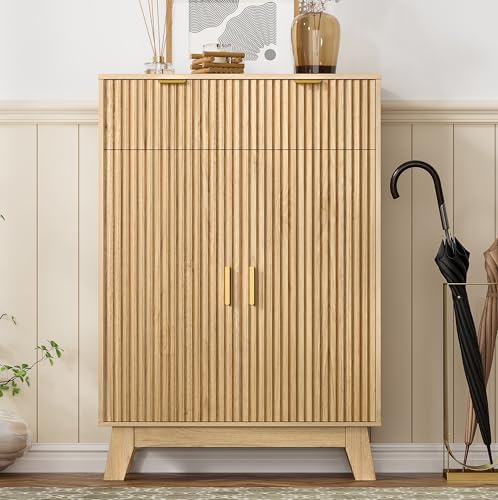 HUANLEGO Shoe Cabinet Storage for Entryway, 4 Tier Fluted Shoe Storage Cabinet with 2 Drawers, Narrow Hidden Shoe Organizer with Adjustable Shelves, Freestanding Shoe Rack for Entryway, Hallway, Oak - color: Oak, size: 4 Tier