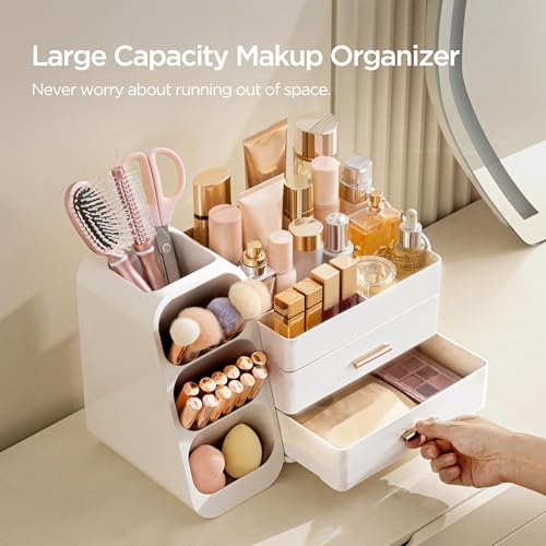 HBlife Makeup Organizer with Brush Holder for Vanity, Large Plastic Bathroom Countertop Organizer Skin Care Storage, Easy to Store Lipsticks, Nail Polishes, Perfumes, Eyeshadow Palettes, All White - color: All White, size: Large