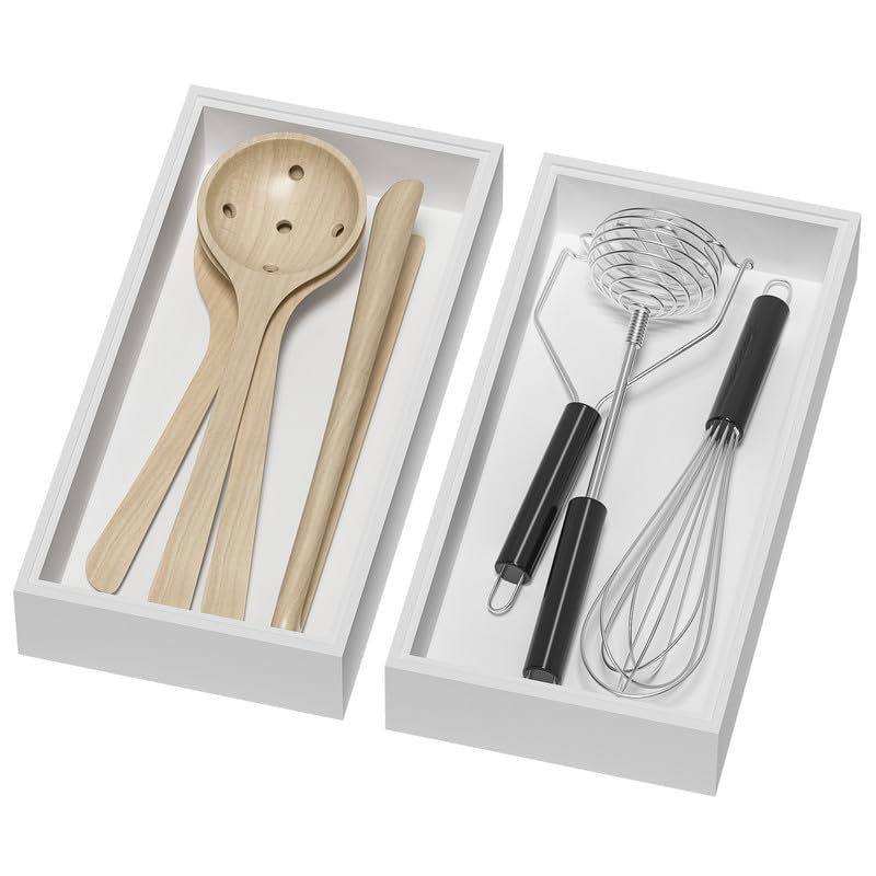 Lixple Bamboo Drawer Organizer, Cutlery Silverware Organizer for Kitchen Drawer, Stackable Utensil Organizer, 2 Pcs Flatware Organizer for Drawer, Wooden Storage Box Tray (White, 12 X 6 X 2 Inch) - color: White, size: 12 x 6 x 2 Inch