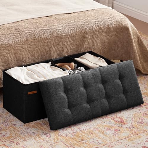 HAUSFRAU 31.5 Inches Ottoman with Storage, Folding Ottoman Bench Small Foot Rest Stool, Bedroom Bench with Flipping Lid, Linen Black - color: Black, size: 13"D x 31.5"W x 13"H