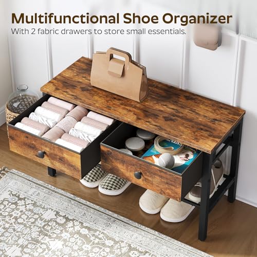 YATINEY Hall Tree with Bench and Shoe Storage, Entryway Bench with Coat Rack, 4-in-1 Coat Rack Shoe Bench, Multifunctional, for Front Door, Hallway, Foyer, Rustic Brown and Black MT05BR - color: Rustic Brown + Black