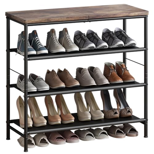 INGIORDAR Shoe Rack Organizer 4 Tier Metal Organizer Shelf with Industrial MDF Board and Layer Fabric for Entryway Closet Bedroom Living Room Garage,Black & Rustic Brown (Black+Rustic Brown, 4 Tier) - color: Black+rustic Brown, size: 4 Tier