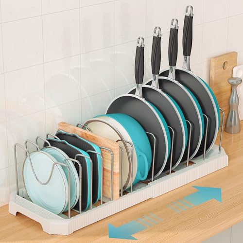 Pots and Pans Organizer for under Cabinet, Pan Pot Organizers inside Cabinet, Expandable Organizer with 12 Adjustable Dividers for Cookie Sheets, Cutting Boards, Pot Lids, Cookware - Frying Pan Rack - color: White, size: 12 Adjustable Dividers
