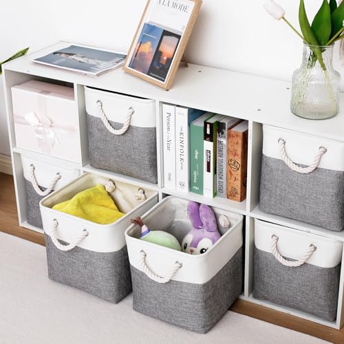 11 x 11 Inch Storage Cubes, 6 Pack Large Collapsible Fabric Storage Bin with Ropes, Foldable Storage Cubes for Home, Office,Closet, Clothes, Toys Organizer (White&Gray) - color: White&Gray, size: Cube - 11 x 11 x 11 inches (6 Pack)
