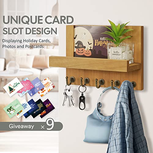 HONJIN Farmhouse Wall Key Holder for Wall : Holiday Card Slot Design Wooden Mail Organizer Wall Mount Dog Leashes Holder Hanger (Light Brown) - color: Light Brown