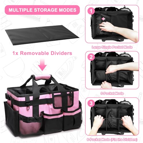 14 inch Large Cleaning Supplies Organizer, Pink Tool Bag with Handle & Adjustable Shoulder Straps, Cleaning Bags for Housekeepers, Cleaners, Cleaning Supply Caddy - color: Pink