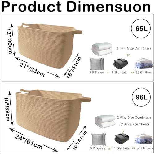 Large Blanket Basket,Woven Rope Basket Storage Bin with Handles,65L Rectangle Laundry Basket for Magazines,Toys,Clothes,Newspaper Shelf Organization,Nursery and Living Room,Jute - color: Jute, size: 21"x16"x12"(65L)
