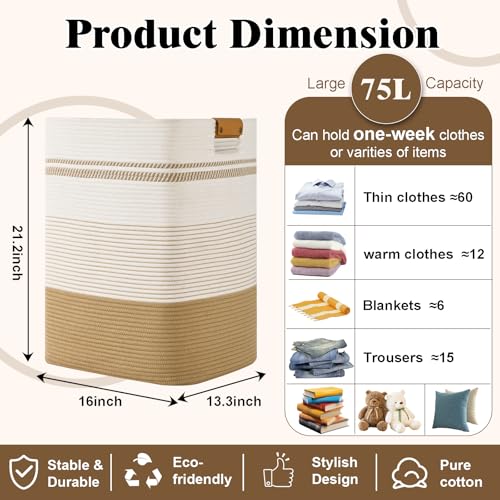 Laundry Hamper, 75L Tall Laundry Basket with Leather Handles, Rectangle Large Clothes Hamper for Organizing, Cotton Woven Laundry Baskets Storage Hampers for Bedroom, Nursery, Living Room - color: Jute & White, size: 75L