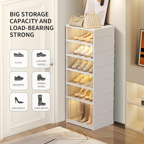 EHAMILY 6 Tier Foldable Shoe Rack Organizer for Closet 6-12Pairs Plastic Collapsible Shoe Racks Shelf Stackable Clear Folding Shoes Storage boxes for Small Spaces Narrow Shoe Storage Cabinet - size: 6 Tiers 12 Pairs