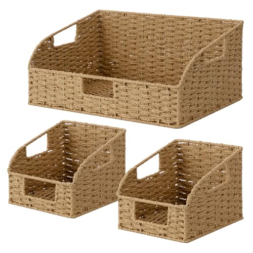 StorageWorks Paper Rope Pantry Storage Baskets, Wicker Baskets with Built-in Handles, Handwoven Shelf Baskets for Organizing, Pantry Organizers and Storage, Natural, 3 Pack - color: Light Brown(Paper Rope), size: 17"L x 11"W x 7½"H + 2x 7½"L x 9½"W x 6¾"H