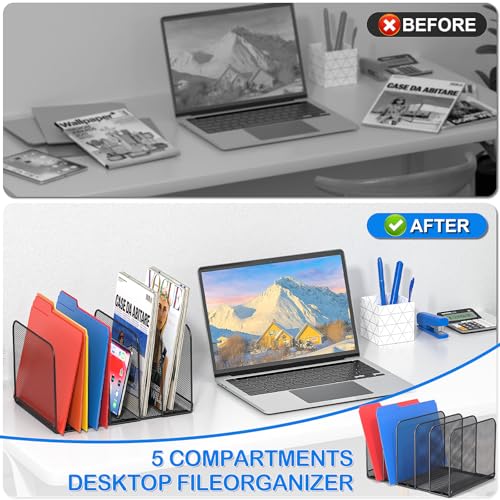 TOPCJ 5 Sections Desk File Holder/Rack/Sorter,Mesh File Organizer,File Folder Organizer,Metal Upright Desktop Organization for Documents,Magazine,Kitchenware,Antiskid,Antirust,Sturdy,1 Pack - style: 1 Pack