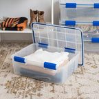 IRIS USA WeatherPro 27 Qt Storage Bins with Lids, 3 Pack, BPA-Free Plastic Gasket Box with Tight Latch and Seal, Stackable Nestable Tote Tub - Clear/Blue - size: 27 Qt. - 3 Pack