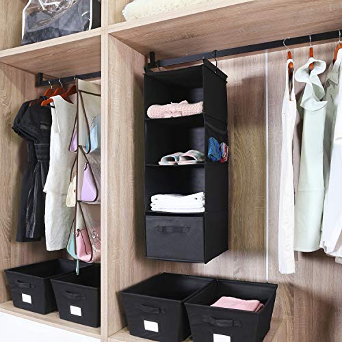 MAX Houser 4-Shelf Hanging Closet Organizer, Space Saver, Cloth Hanging Shelves with 2 Side Pockets, Foldable (Black) - color: Black-1