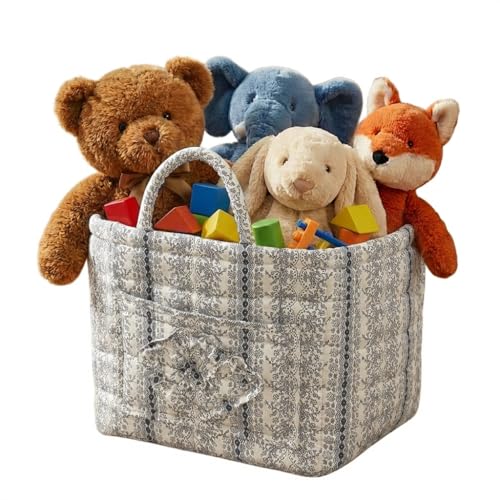 Quilted Fabric Basket Foldable Car Storage Boho Floral Laundry Basket Hamper for Nursery Bedroom & Living Room | Organize Clothes Toys - color: Vintage French Stripe
