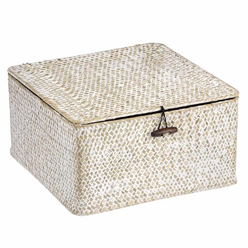 Hipiwe Wicker Shelf Basket Bin Square Handwoven Seagrass Storage Basket with Lid Home Organize Box for Bookshelf Living Room Bath Room Multipurpose Basket Container, Whitewash Large - color: Whitewash color, size: Large