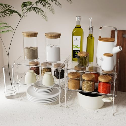 STARLATTA 2 Pcs Cabinet Organizer Shelf, Stackable Kitchen Counter Shelves, Spice Rack,Countertop Organizers, Clear Plastic Storage Shelves Rack for Makeup,Bathroom,Cupboard,Desk,Pantry Organization - color: clear, size: 2 pack