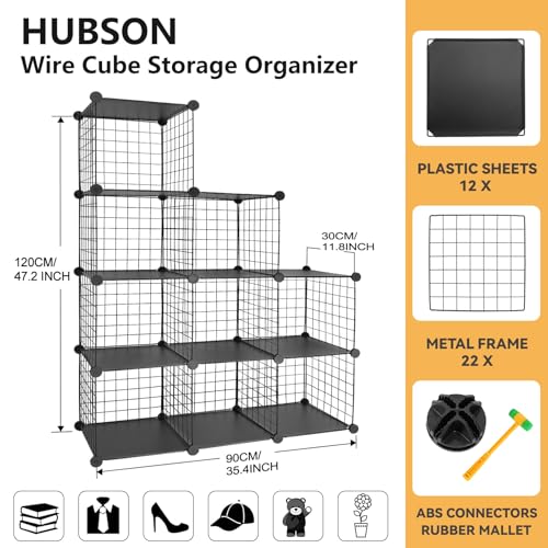 HUBSON Wire Cube Storage Organizer, Book/Toy/Craft/Potted Plants and petCloset Organizers and Storage Shelves, 9-Cube Freely Combinable Metal Grids Storage Shelf,Black Plus Iron - color: Black Plus Iron, size: 9 Cubes