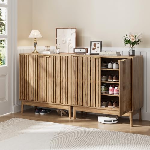 Kiasthome Shoe Storage Cabinet with Ventilated Slatted Doors, Wooden Shoe Organizer, Shoes Rack for Entryway, Hallway, Living Room - color: Natural Wood, size: 31.5" W