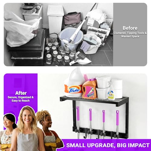 Heavy Duty Broom Holder Wall Mount with Cleaning Supplies Organizer, Space-Saving Laundry Room Organization and Storage Shelves, All-Metal Mop Hanger Broom Rack with Hooks, Garage Organizer Shelf - size: Small
