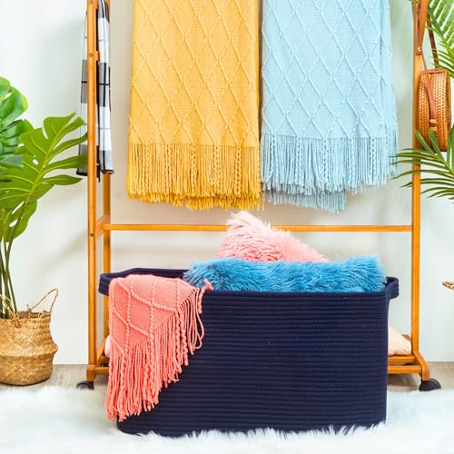 MINTWOOD Design 22in Extra Large Blanket Basket Holder Living Room, Rectangle Rope Woven Storage Basket with Handles for Laundry, Pool Towels, and Shoes, Dog Toy Organizer Bin Box, Full Navy - color: Full Navy Blue