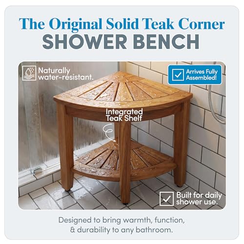 AquaTeak The Original 15.5" Fully Assembled Kai Corner Teak Shower Bench - Shower Stool with Storage Shelf for Bathroom - Durable Water Resistant Shower Chair - Shaving Foot Rest - Indoor & Outdoor - size: Original - Fully Assembled, style: Corner Stool W