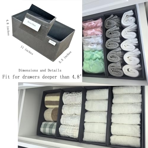 Bructhun Foldable Fabric Drawer Organizer Set 4 Pack Dresser Dividers - Sock Underwear Storage Bins Gray - color: Gray