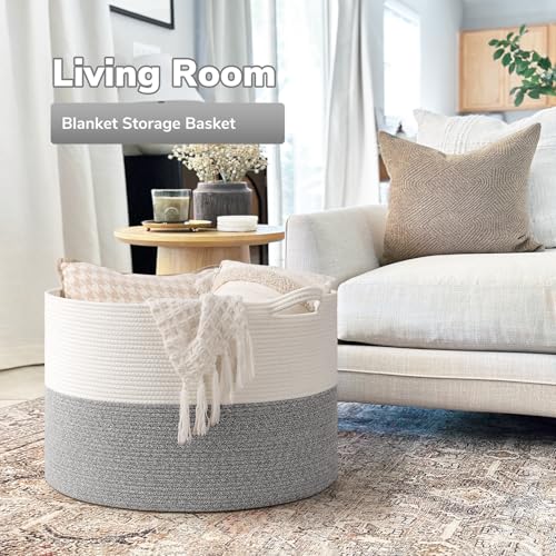 Goodpick Blanket Basket, 23.5'' x 15.8'' Cotton Rope Blanket Basket Living Room, Toy Organizers and Storage with Handles for Kids, 115L Grey - color: Light Grey, size: 23.5x23.5x15.8 Inch (Pack of 1)