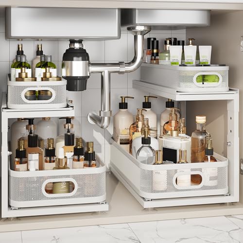 2 Pack 18.5IN-Depth Under Sink Organizer With Next-Gen Ball-Bearing Slides,2-Tier Precision Mesh Pull Out Cabinet Storage for Bathroom&Kitchen,Height Adjustable Drawers Shelf,Anti-rust-White - color: White, size: 2 Pack-18.5"Dx12.4"-16.5"H