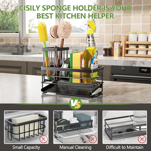 Cisily Sink Caddy Sponge Holder for Kitchen with Brush Holder and Stainless Steel Self Drain Tray, Rustproof Kitchen Sink Organizer for Sponge, Soap Dispenser Storage Accessories (Black) - color: Black