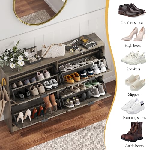 HUANLEGO Shoe Cabinet Storage for Entryway with 4 Flip Drawers, Grey Fluted Shoe Cabinet with Adjustable Shelves, Wooden Hidden Shoes Rack Freestanding Narrow Slim Shoes Storage for Hallway, Entrance - color: Grey, size: 4 Drawer without Bench