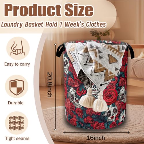 Skull Red Rose Laundry Hamper,Flowers Skeleton Laundry Baskets,Waterproof Oxford Cloth Toy Storage for Bedroom,Bathroom,Nursery,16x20.8 Inch - color: Skull Red Rose,Flowers Skeleton