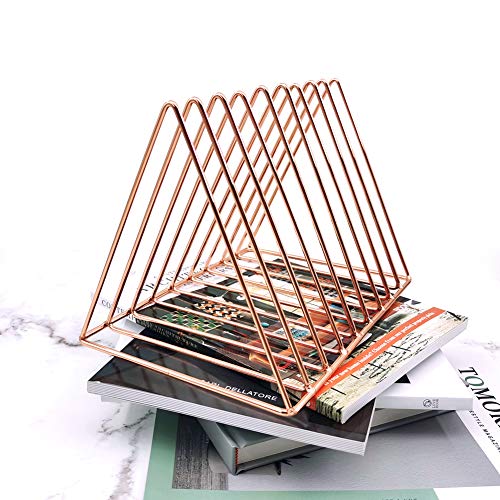 EASEPRES 9 Slot Magazine Rack Book Record Holder, Desktop Iron Storage Rack Bookshelf Multifunction Triangle File Organizer Sorter for Decor Home Office, Rose Gold Pack of 2 - color: 2 Pack Rose Gold