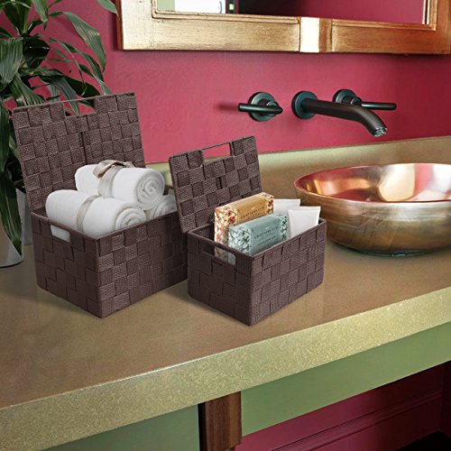 Sorbus Set of 3 Hand-Woven Storage Baskets with Lids – Decorative Wicker Organizers for Home, Closet, or Shelves (Choclate) - color: Chocolate