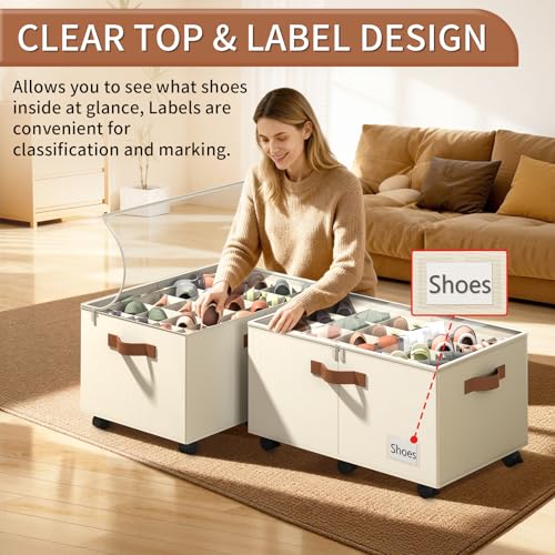 Shoe Organizer for Closet, 2 Pack Shoe Storage Organizer with Wheels and Adjustable Dividers, Stackable Shoe Storage Box with Clear Cover, Foldable Closet Shoe Organizer Fits up to 24-48 Pairs, Beige - color: Beige, size: 25 ½"L x 17"W x 12 ½"H-2 Pack
