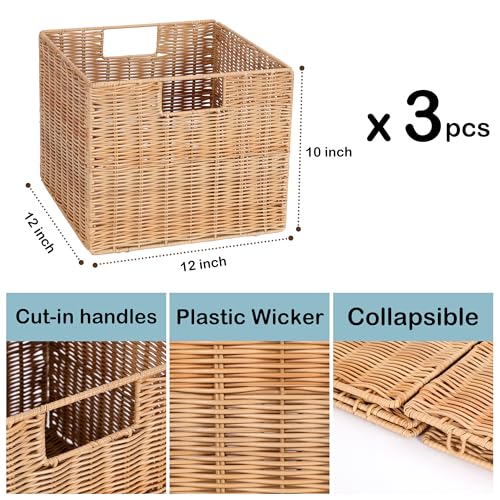 12X12X10in Plastic Wicker Storage Basket, Collapsible Wicker Cube Storage for Shelves, Woven Plastic Storage Basket for Pantry, Bedroom, Living Room, Bathroom, Shelves-3 Pack - color: Natural