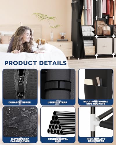 Mavivegue Clothes Organizer with 4 Hanging Rods, Portable Closet Wardrobe, Non-Woven Fabric Cover, Large Capacity Storage for Bedroom and Living Room,Black, 67" W x 17" D x 67" H - color: Black, size: 67"W x 17"D x 67"H