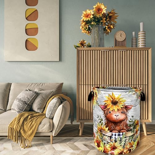 Cute Sunflowers Small Cow Laundry Basket Foldable With Handles Tote Bag Oxford Cloth Funny Laundry Hamper Clothes Storage Bucket Toy Organizer 18.9" x 16.5" For Bathroom/Laundry/Bedroom - color: Cute Sunflowers Small Cow