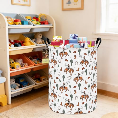 Collapsible Fabric Storage Basket, Waterproof Laundry Hamper with Handles, Round Storage Bin for Clothes Toys, Foldable Organizer for Bedroom Nursery Bathroom(Round-Cowboy) - color: Round-Cowboy