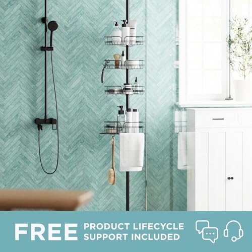 Zenna Home Tension Pole Shower Caddy Corner Organizer, Adjustable Standing Shower Caddy with 4 Baskets and Built in Towel Bar, Rust Resistant Bathroom Tension Rod Organizer, 60 to 97 Inch, Bronze - color: Bronze