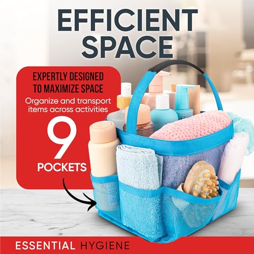 Masirs Mesh Shower Caddy – 9 Pocket Portable Shower Tote Bag for College Dorm Room Essentials, Quick-Dry Bathroom Organizer for Travel, Gym, Camping, Beach – Lightweight Collapsible Blue - color: Blue