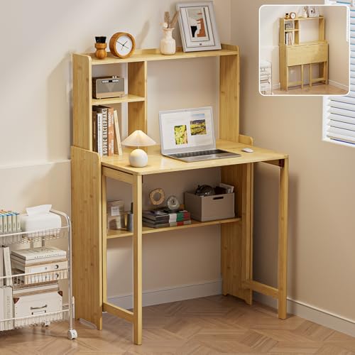 Bamboo Folding Desk for Small Spaces with Storage, Mid Century Foldable Desk with Bookshelf, Small Desks with Storage for Home Office Bedroom, Natural - color: Natural, size: 21.65"D x 40.55"W x 29.92"H